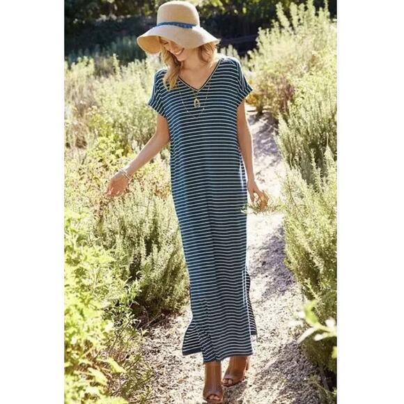Matilda Jane Set Sail Blue & White Stripe Jersey V-Neck Maxi Dress, Sz L Pockets - Picture 3 of 8
